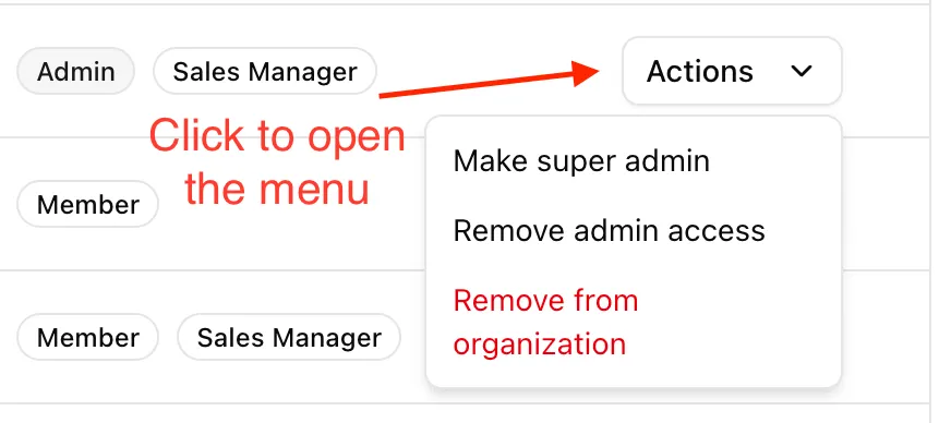 Actions menu for a team member showing role and removal options.