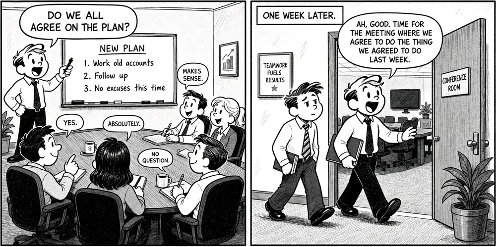 A sales team agrees on a plan, then returns a week later to agree to do the same thing again.