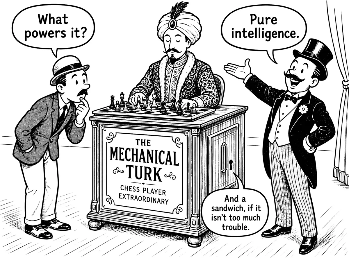 A Mechanical Turk chess machine is presented as pure intelligence while a hidden operator inside asks for a sandwich.