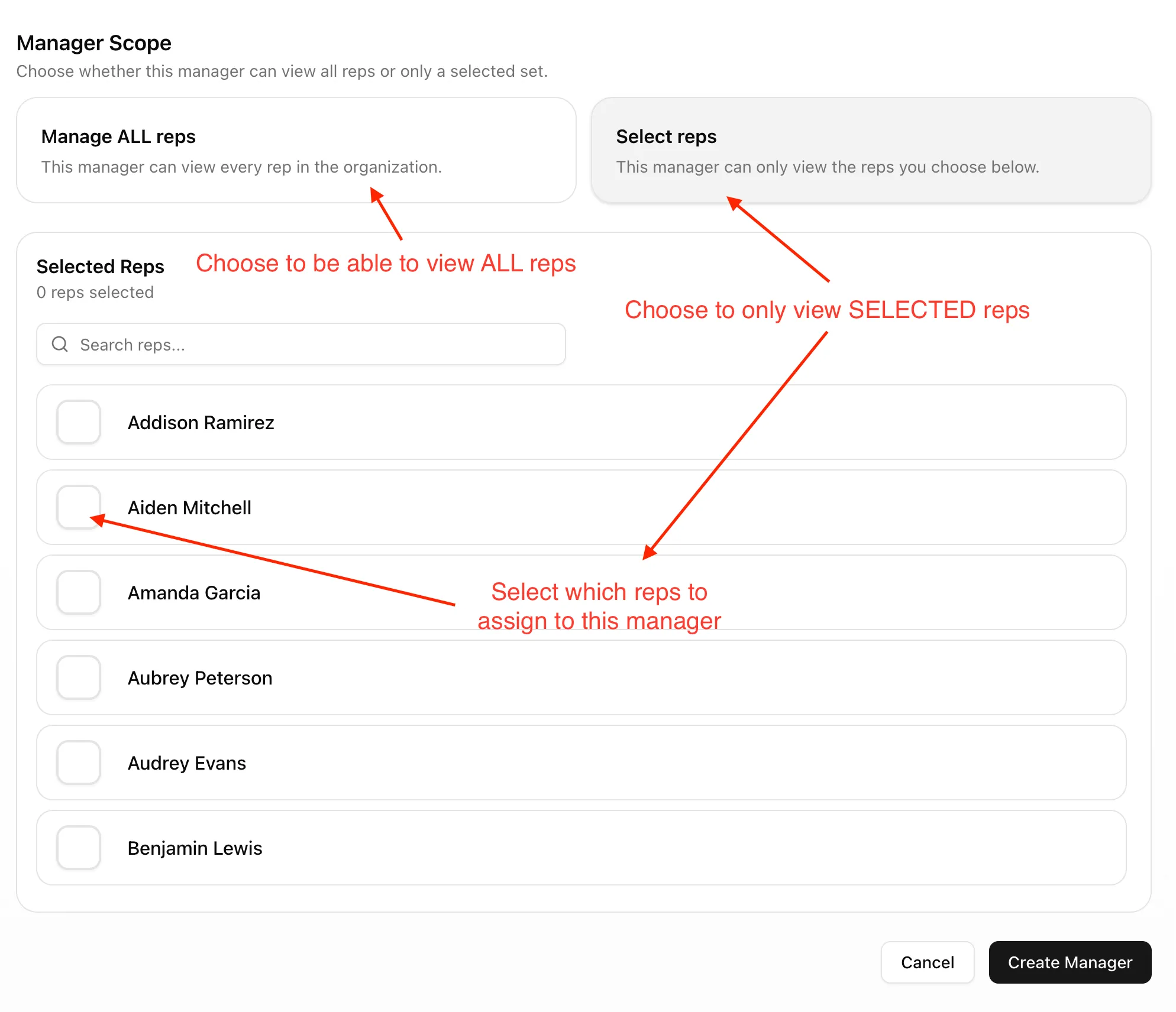 Manager Scope page showing Manage ALL reps and Select reps options with checkboxes.