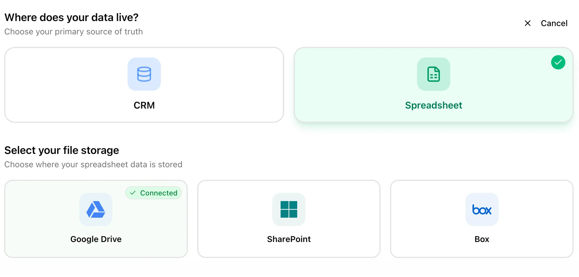 The Moneyball Data Pipeline wizard with the spreadsheet option selected.