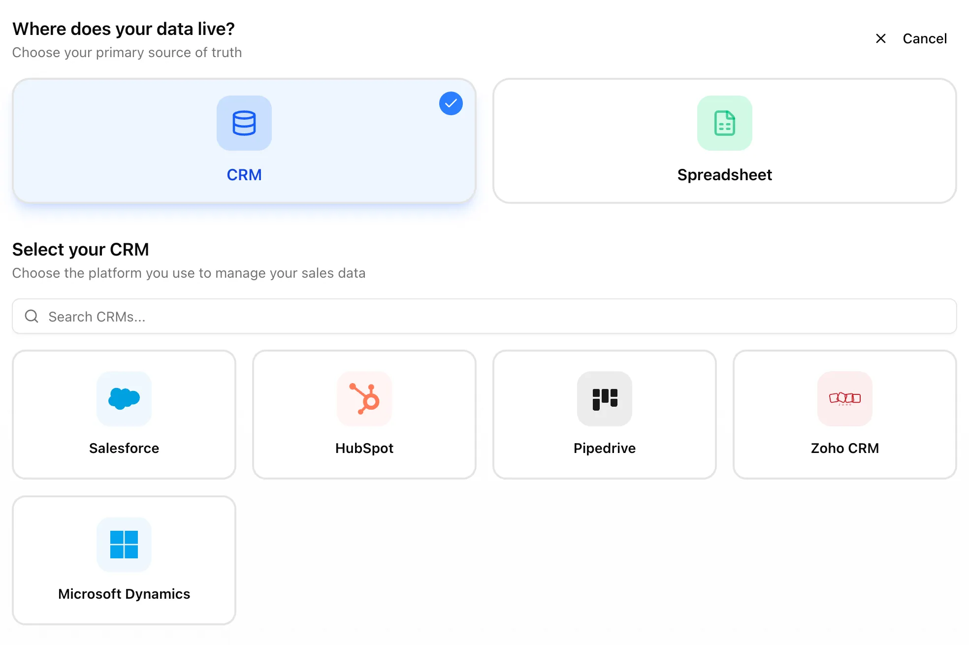 The Moneyball Data Pipeline wizard with the CRM option selected.