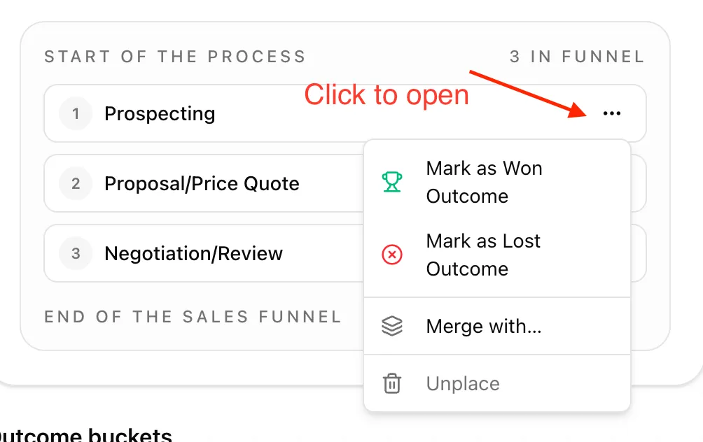 Deal stage context menu with Mark as Won Outcome, Mark as Lost Outcome, Merge with, and Unplace.
