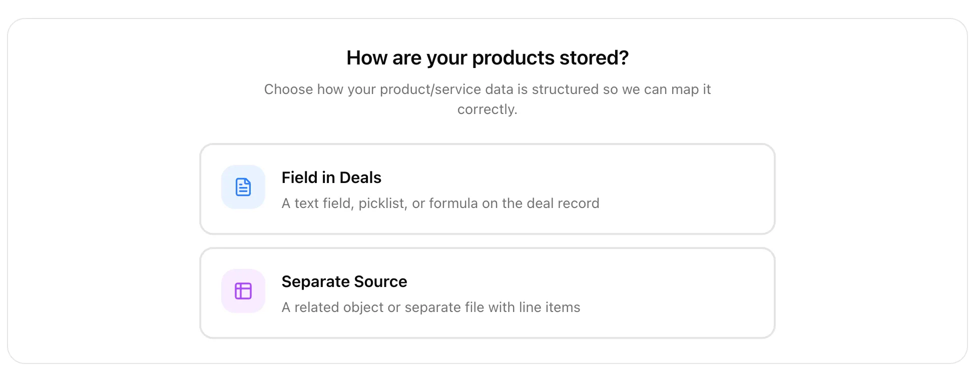 Moneyball asking whether products are stored as a field in Deals or as a separate source.