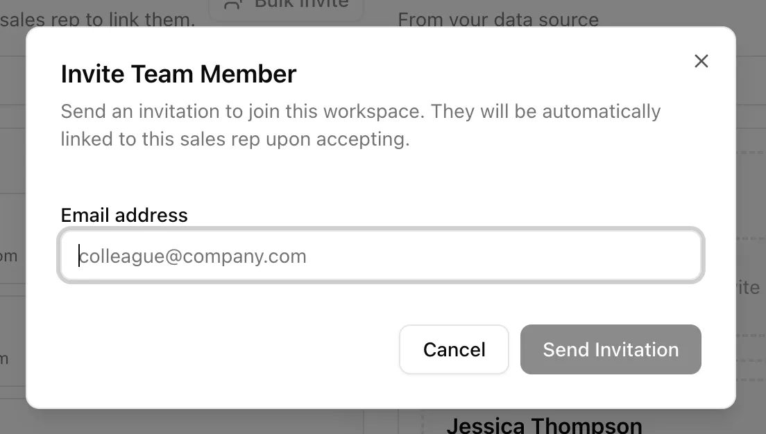 Invite Team Member dialog from the Sales Rep Mapping screen, explaining the invite will be linked to the selected sales rep.