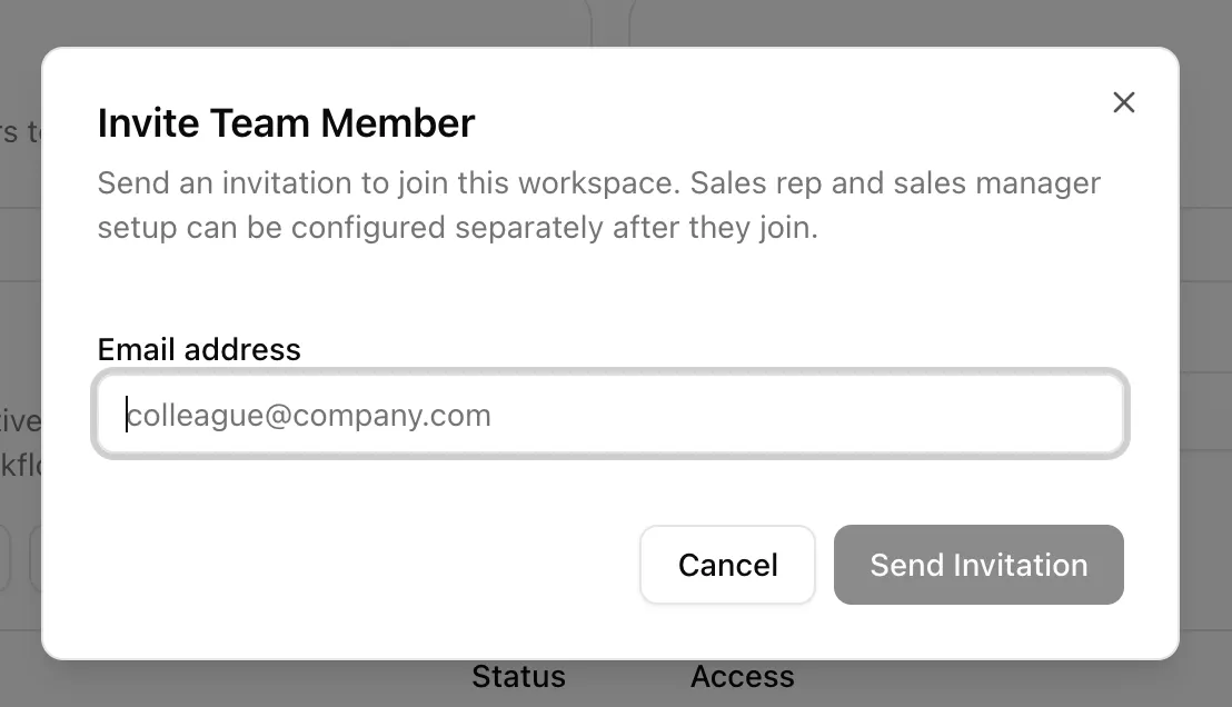 Invite Team Member dialog asking for an email address.