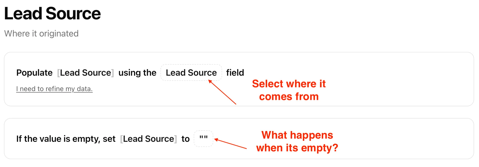 Lead Source field mapping page showing the source field selector and fallback value.