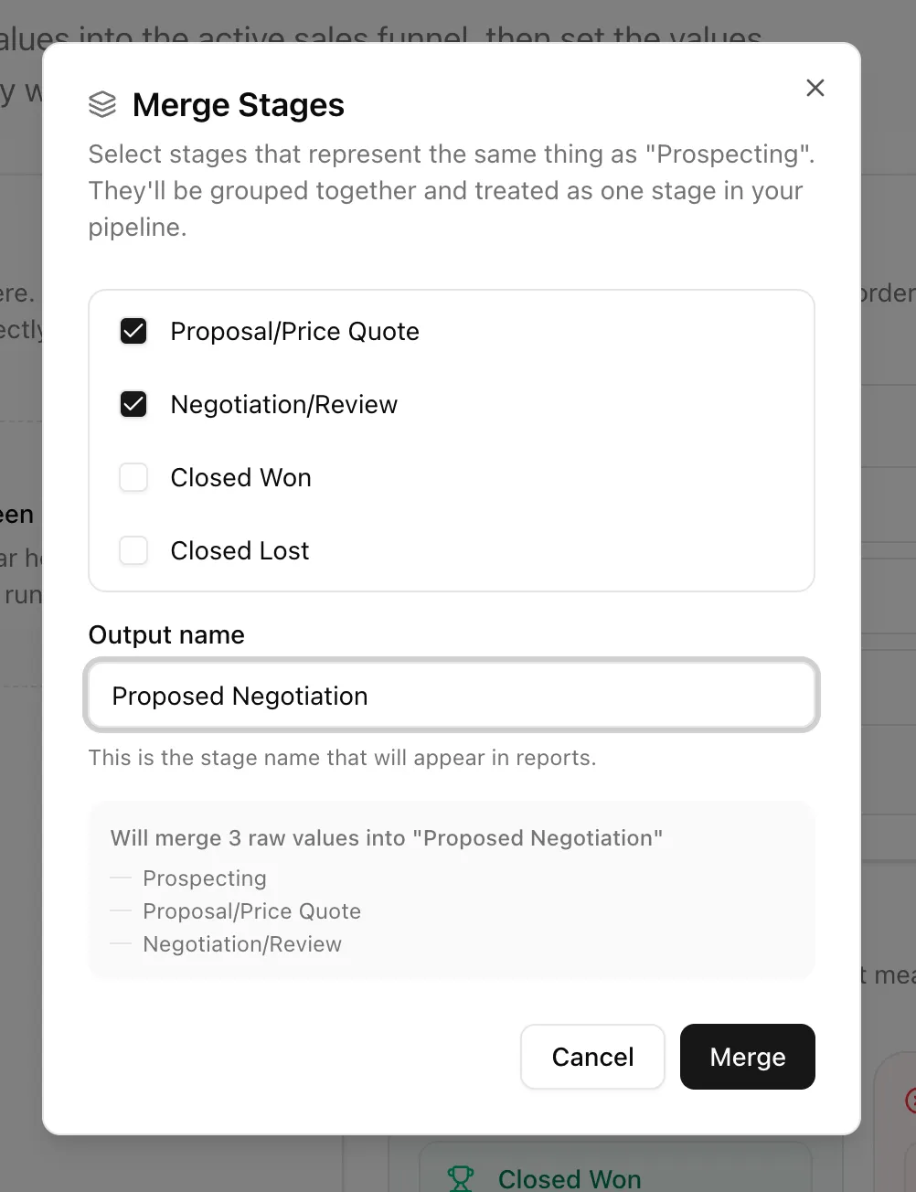 Merge Stages dialog selecting multiple raw stage values and naming the output stage.