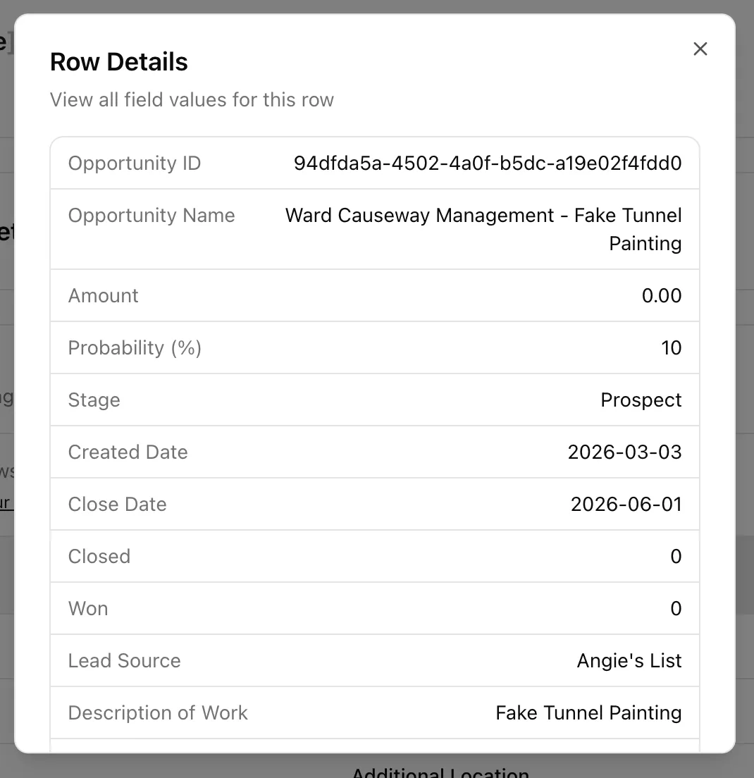Preview row dialog showing many fields from a source row.