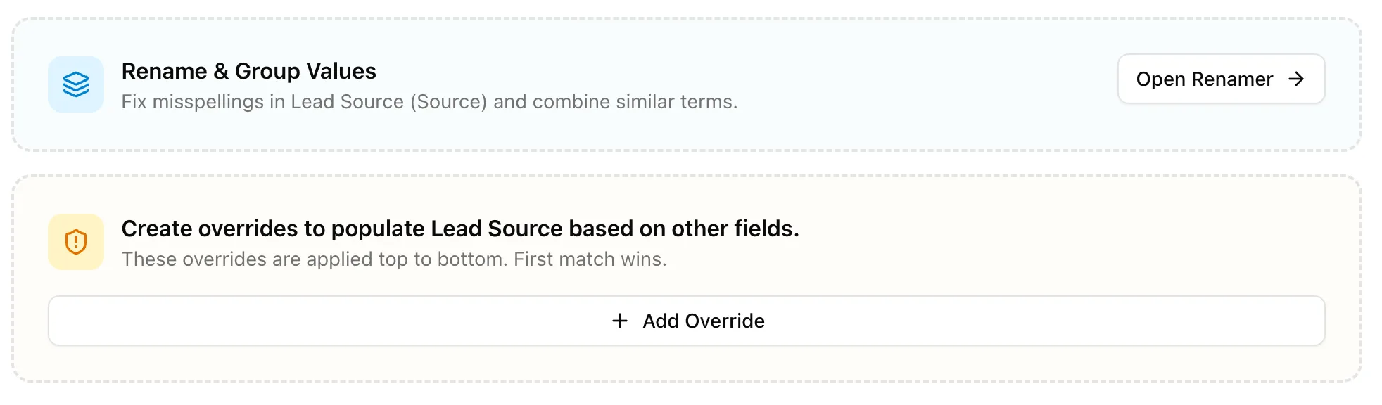 Renamer and Overrides cards in the field refinement area.