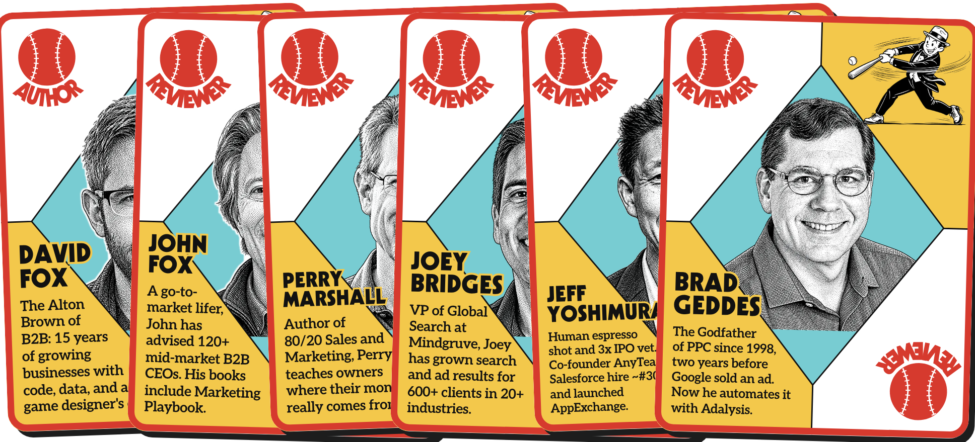 Baseball cards for David Fox, John Fox, Perry Marshall, Joey Bridges, Jeff Yoshimura and Brad Geddes