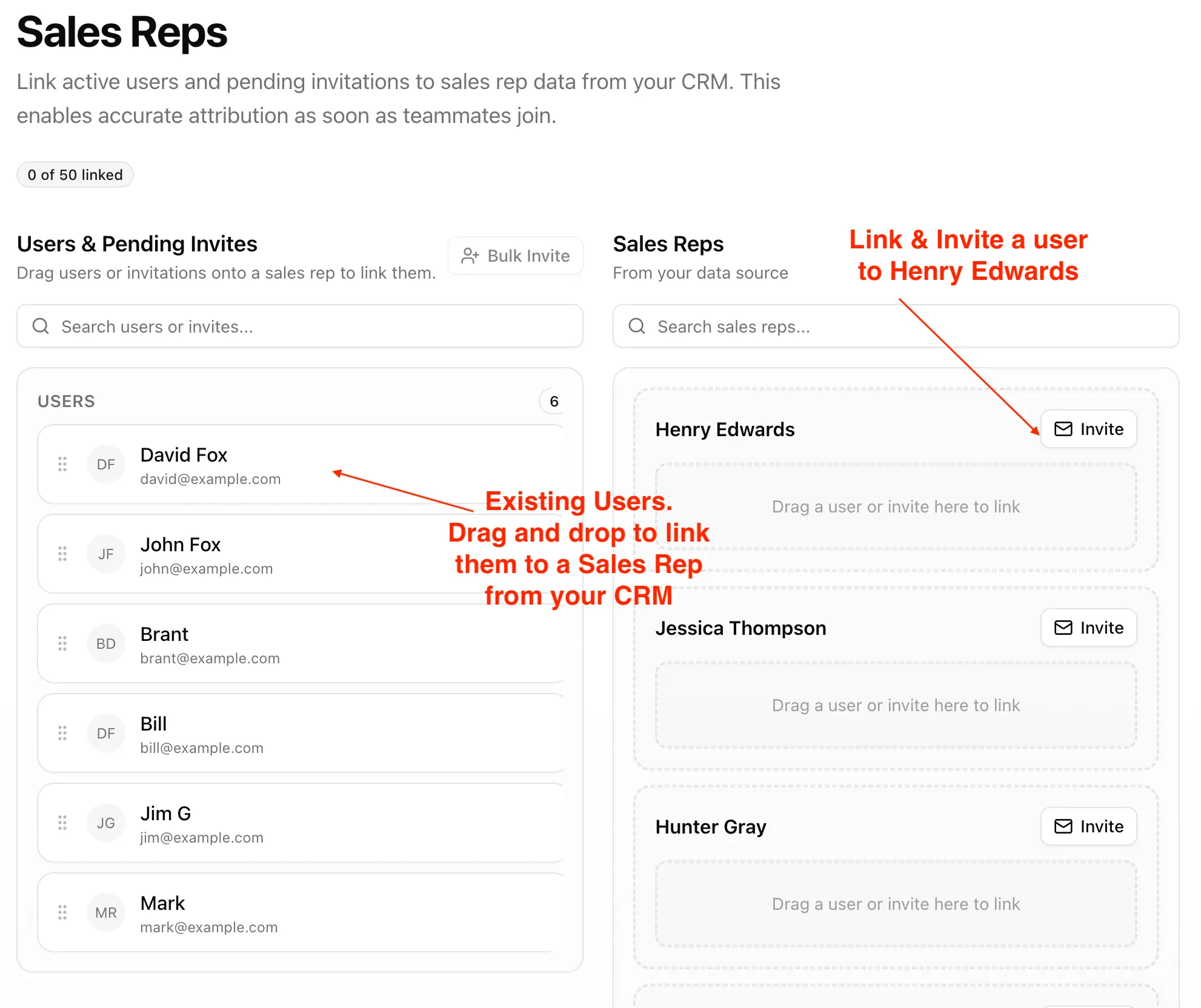 Sales Reps mapping page showing users and pending invites on the left and sales reps from the data source on the right.