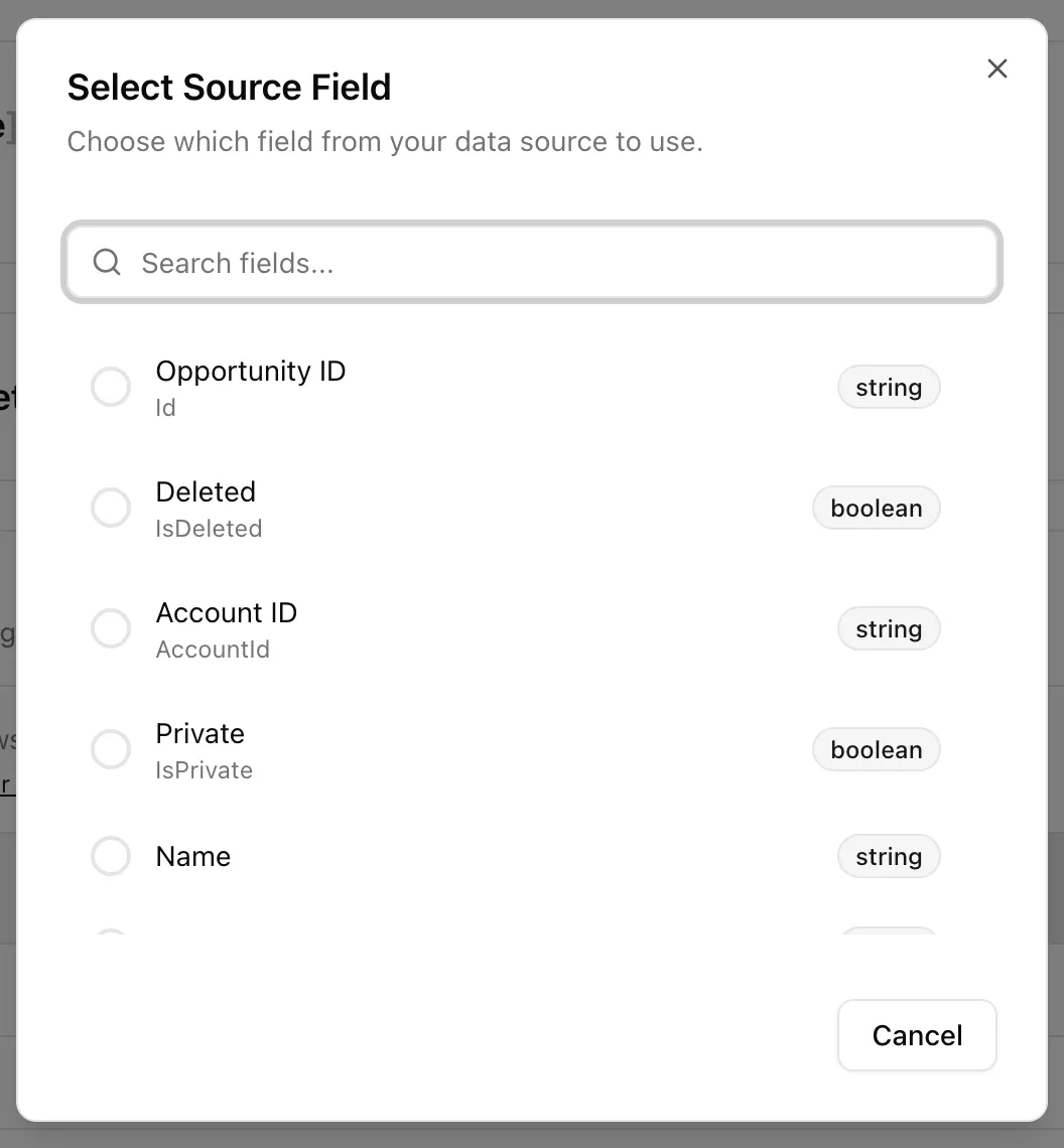 Source field selection dialog listing fields from the selected data source.