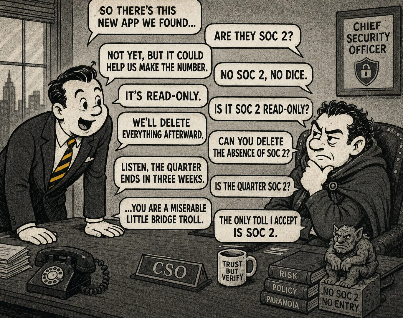 A Moneyball comic about security review and SOC 2 questions.