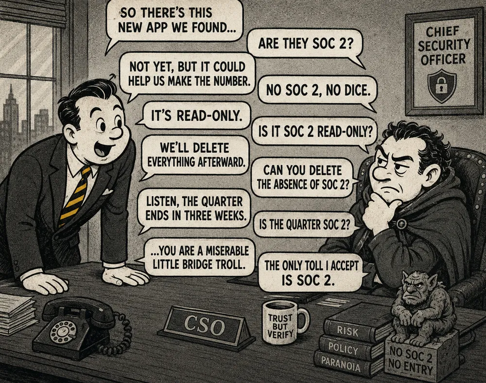 A sales leader tries to convince security to approve a tool before SOC 2, but the security gatekeeper refuses every argument.