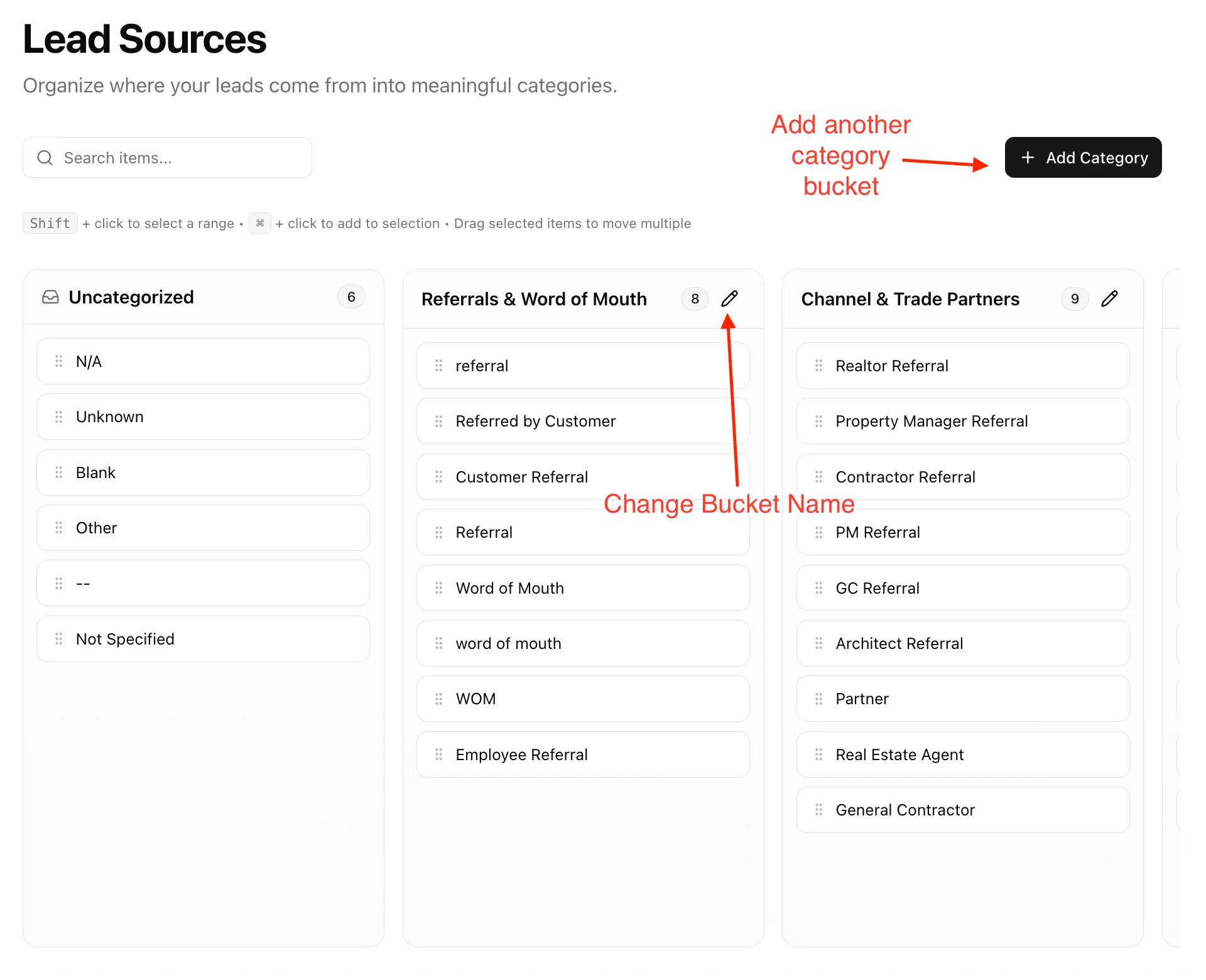 Lead Sources categorization board showing Uncategorized values, category buckets, search, and Add Category.