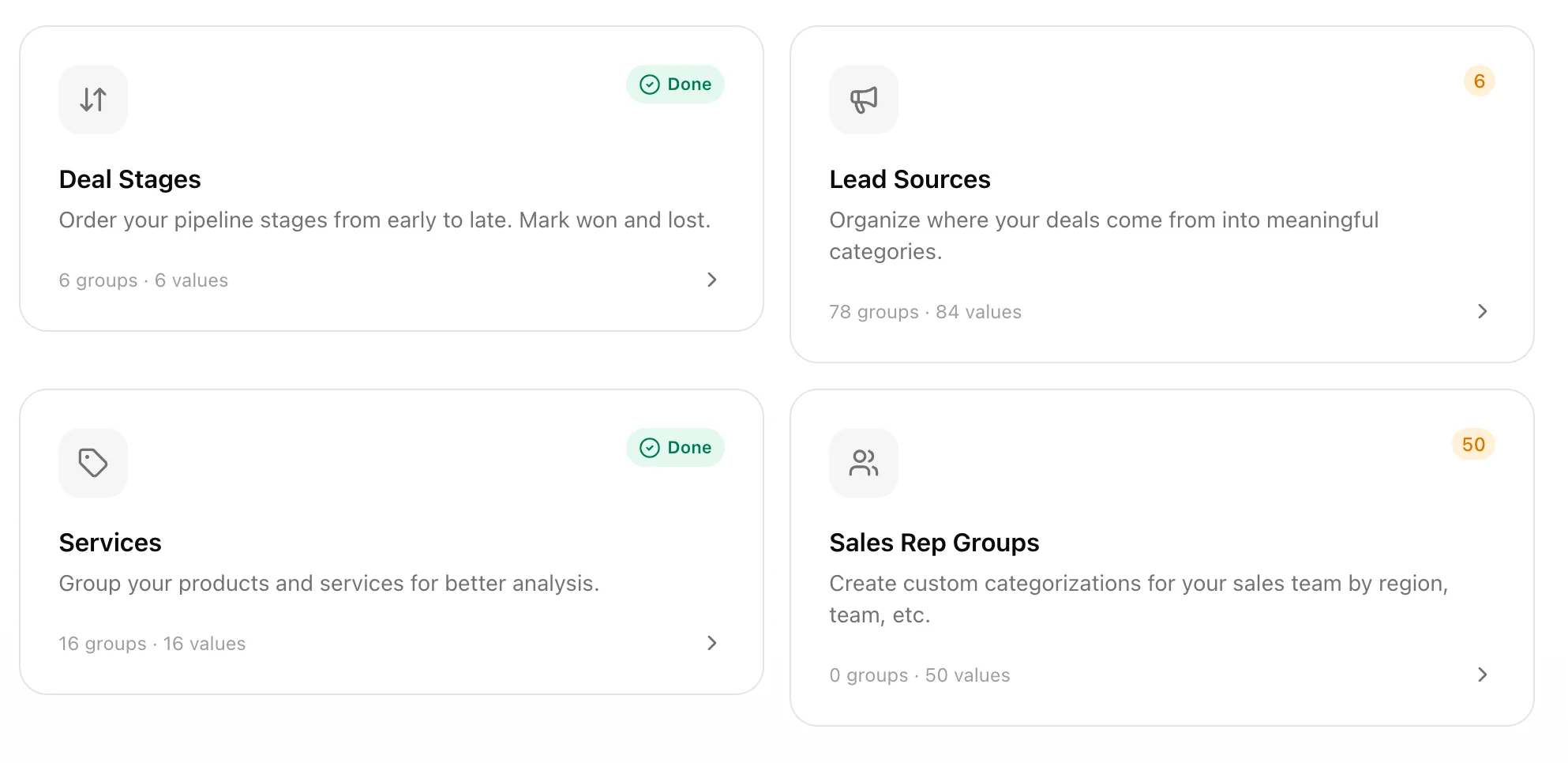Moneyball Categorization page with cards for Deal Stages, Lead Sources, Services, and Sales Rep Groups.