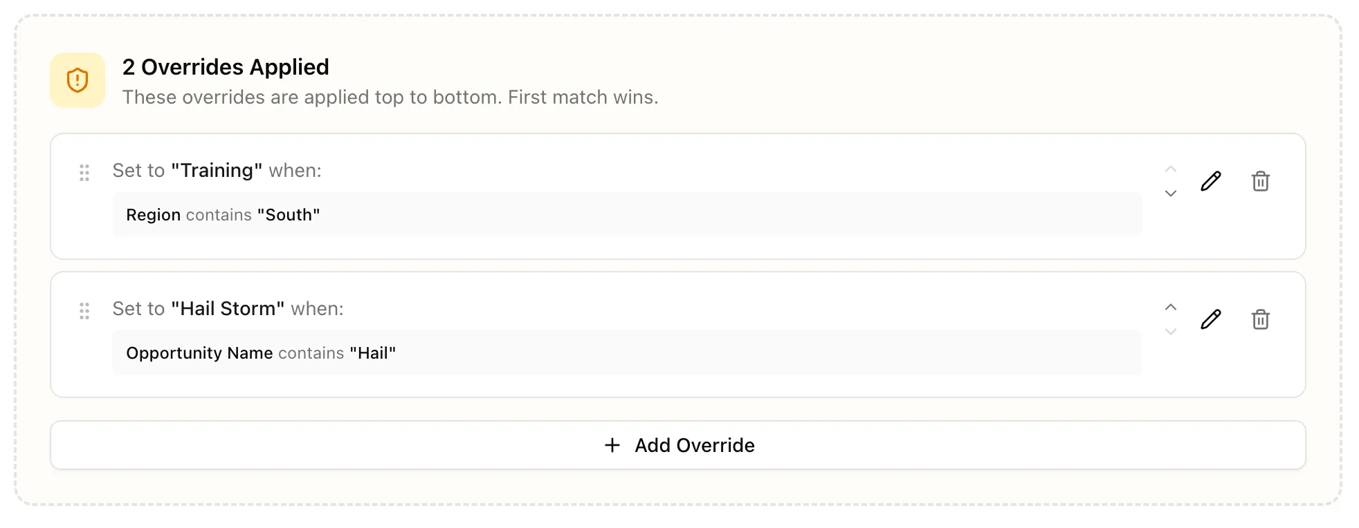 Override tool with two ordered lead source rules.