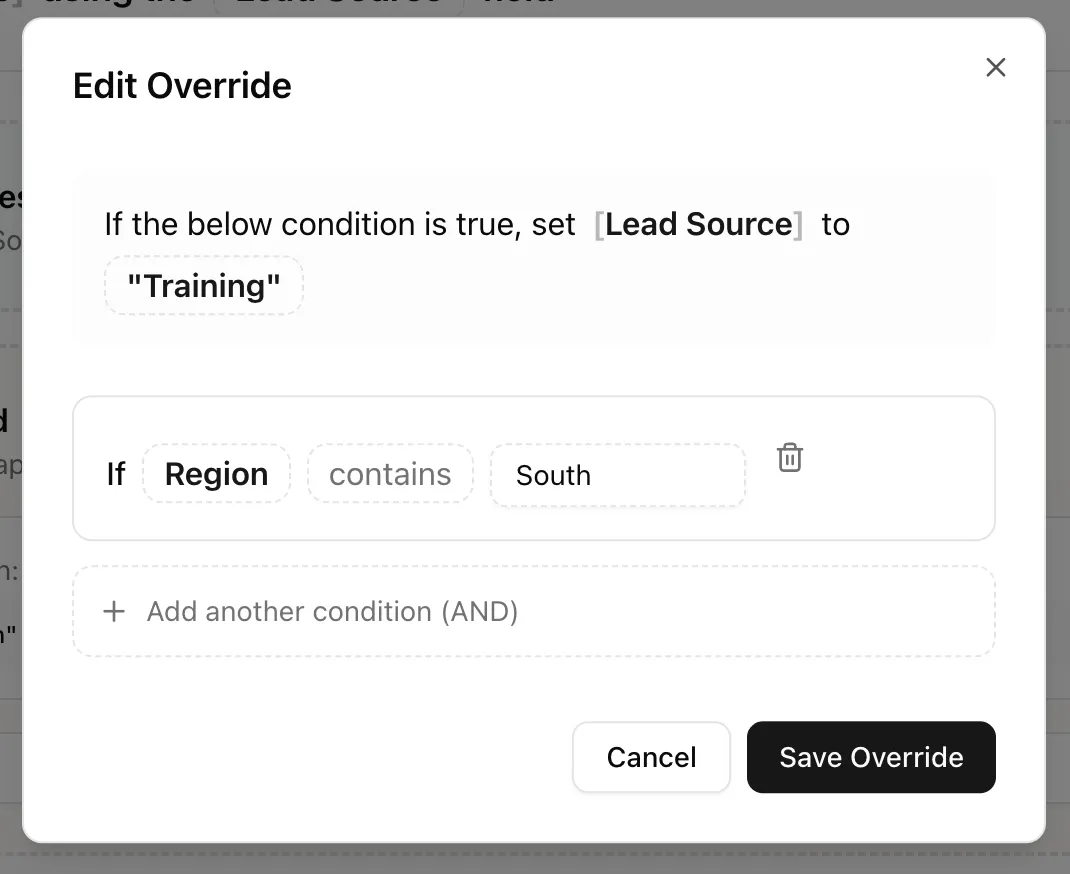 Override dialog showing output value options and conditions.