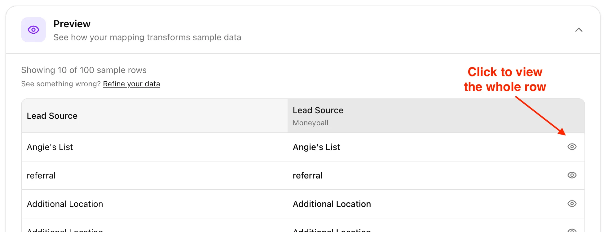Preview panel showing incoming source values and the Moneyball result.