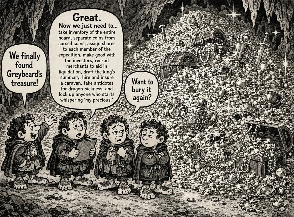 Miners discover a huge treasure hoard and immediately realize someone has to inventory it, assign shares, and turn the discovery into a plan.