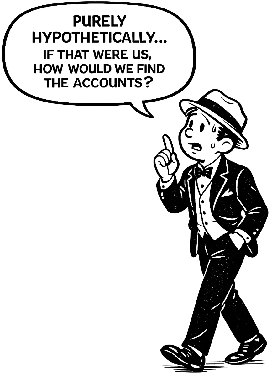 A worried man asks, “Purely hypothetically, if that were us, how would we find the accounts?”
